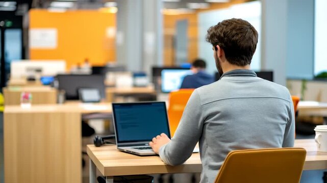 Young man laptop modern open workspace coworking office desk orange chairs backside view employee casual attire startup typing focused calm remote