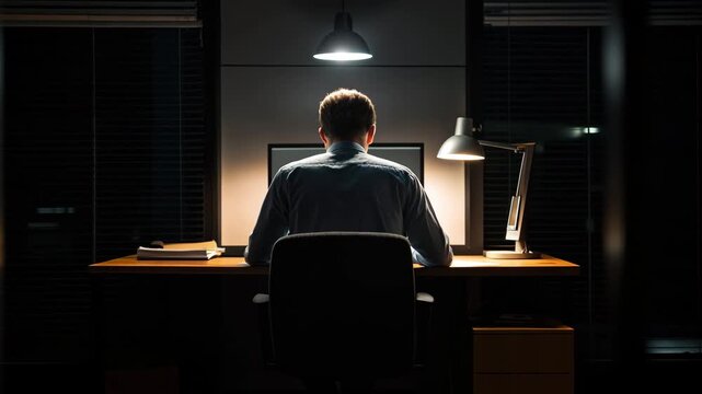 Man working late at dimly lit office desk focused on computer screen with lamp and papers, nighttime focused posture and quiet evening concentration