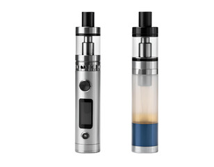 Two sleek silver electronic cigarette devices with clear glass tanks.