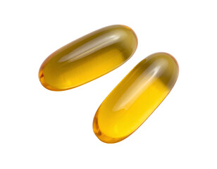 Two omega 3 fish oil capsules floating in air on a transparent background