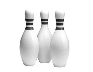Three white bowling pins with sleek black stripes against a transparent background