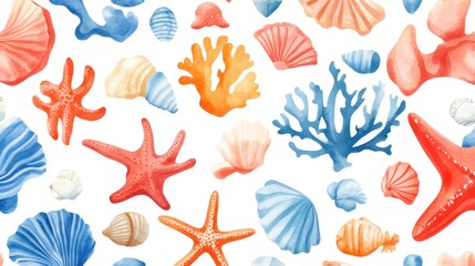 Colorful Ocean Shells and Starfish Pattern.