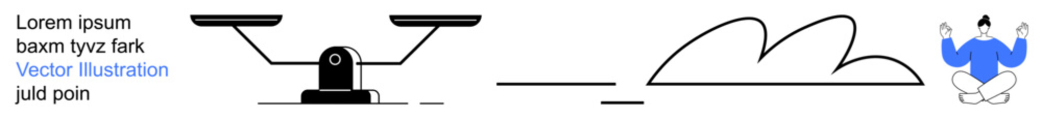 Balance, mindfulness, wellness, nature, meditation, relaxation. A balance scale, abstract landscape and seated person meditating. Mindfulness and balance with modern visuals