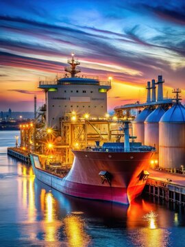 A massive industrial vessel is docked at a bustling LNG terminals gate, its cargo tanks and pipes visible amidst the bustling activity