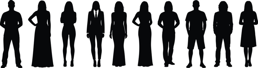 Collection of black silhouettes of men and women standing in different outfits and body types, isolated on white background, representing people diversity, fashion, lifestyle, and society