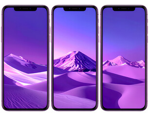Three purple smartphones showing desert mountain landscape wallpaper on isolated background