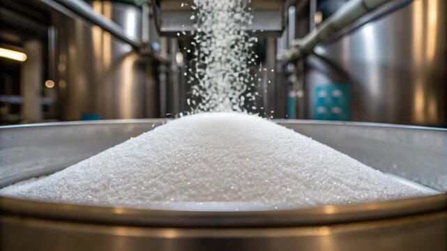 White sugar granule pile falling from chute into stainless steel metal container food processing plant with industrial equipment and soft lighting