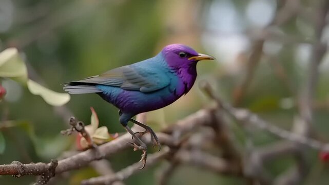 Violet-Backed Starling Landing on Branch in Nature, Peaceful Environment, Close-Up View, Wildlife Video
