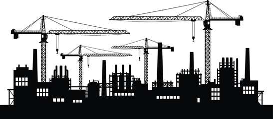 Obraz premium Industrial city silhouette with construction tower cranes and factory chimneys representing urban development and civil engineering projects isolated on white background.