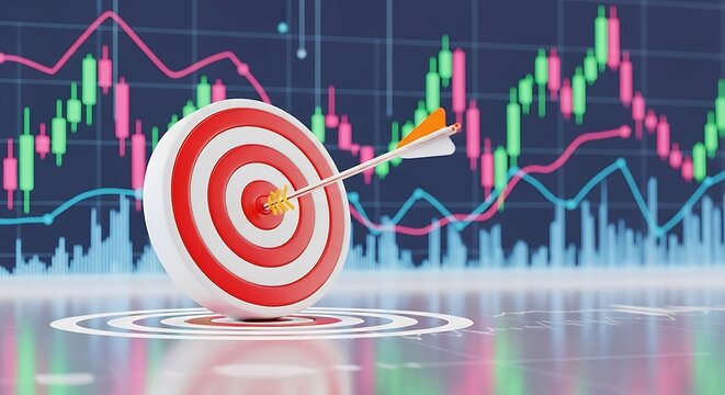 Bullseye with arrow hitting target on stock market graph background