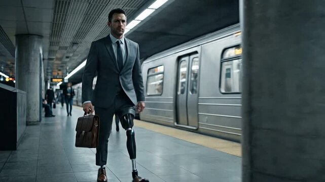 Driven professional man with prosthetic leg commuting in a modern subway station. Concept of urban mobility, career determination, and the seamless integration of bionics in a fast-paced work life.