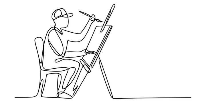 Continuous line drawing of a male artist sitting on a chair and painting on a canvas easel. Vector, illustration