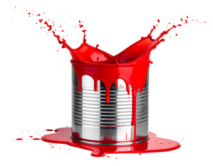 Red paint exploding and splashing from silver metal can on transparent background