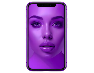 Purple smartphone screen showing female face with intense gaze and glossy makeup portrait
