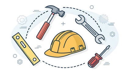 Construction Tools and Hard Hat Flat Vector Illustration - DIY, Repair, and Building Icons