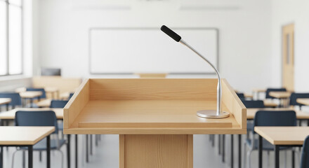 Wooden podium with microphone in an empty classroom