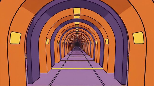 Abstract cartoon tunnel with orange arches and purple walls
