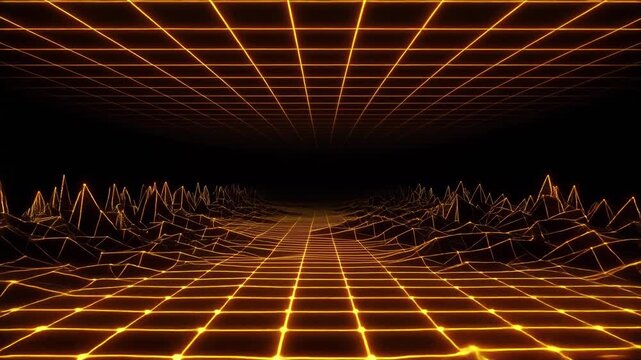 Retro futuristic 80s synthwave landscape with glowing neon orange grid and wireframe mountains 3d render