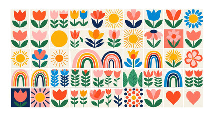 Playful Minimalist Folk Art Flowers Sun Rainbow Pattern for Spring Summer Web Design and Print