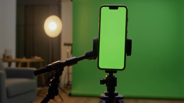 Smartphone recording with a green screen setup, for content creation.