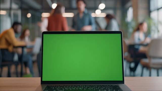 Laptop with a green screen in a modern office setup for presentation and technology concepts.