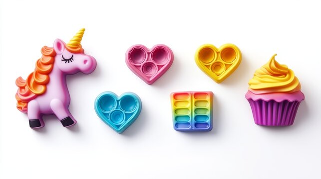 23061731 68 Commercial-style isolated collection of anti-stress pop-it fidget toys floating against white background, featuring four distinct shapes including mythical unicorn with dimensional horn