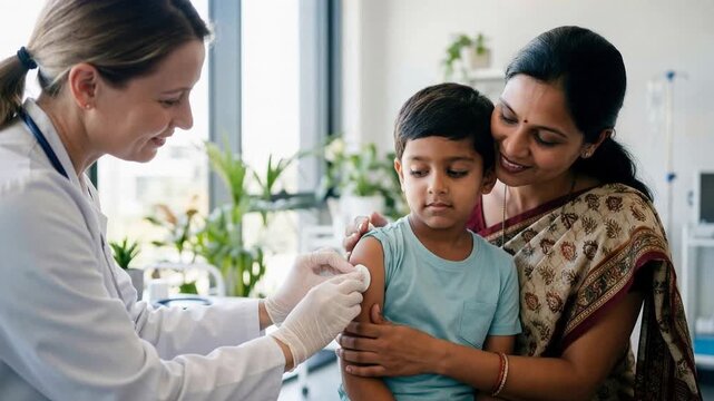 Doctor pressing cotton pad on child arm after vaccination with mother