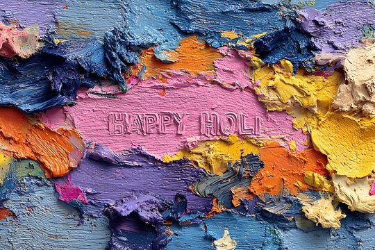 A colorful abstract painting with the words 'HAPPY HOLL' embossed on a pink background surrounded by blue, purple, orange, and yellow hues