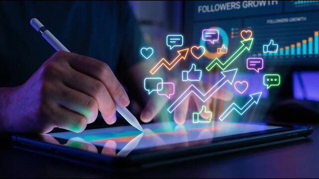 A marketer holds a pen pointing to a graph and shows SEO concepts, optimization analysis tools, search engine rankings, social media sites based on results analysis data.