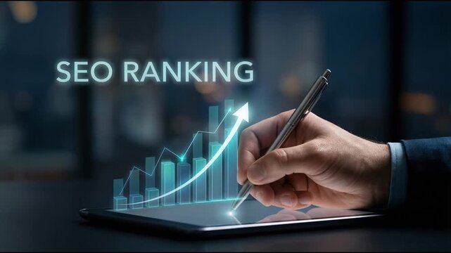 A marketer holds a pen pointing to a graph and shows SEO concepts, optimization analysis tools, search engine rankings, social media sites based on results analysis data.
