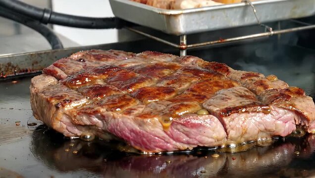Juicy Grilled Steak Sizzling on Hot Grill Surface.