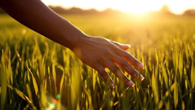A dark-skinned hand delicately caresses blades of grass in a sun-drenched field at sunset