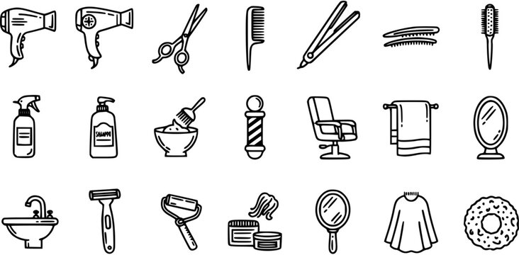 Hairdressing Salon and Barbershop Tools Equipment Vector Icon Set. Black and White Line Art Outline Glyphs for Hair Stylists and Barbers.