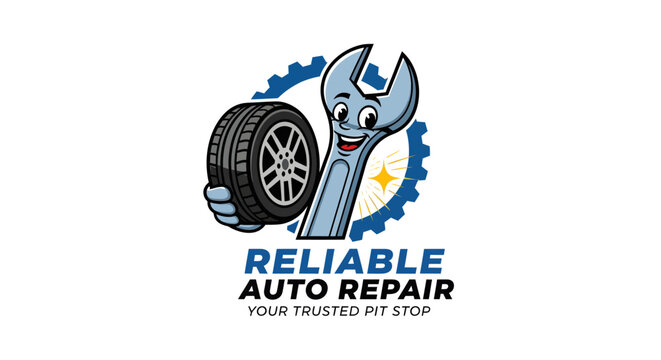 Reliable Auto Repair Logo with Wrench and Tire Character.