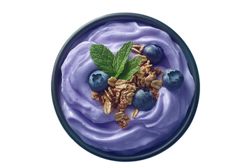 Blueberry yogurt bowl with granola and mint, top-down