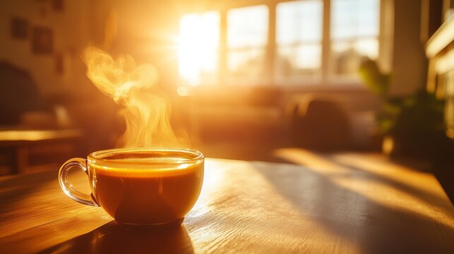 A warm and inviting scene featuring a steaming glass coffee cup on a sun-dappled wooden table in a tranquil living room. The late afternoon sun casts a golden glow through the window, highlighting