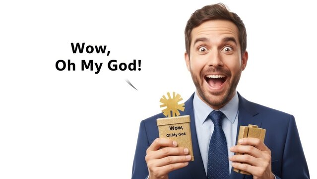 Exuberant professional receiving an unexpected gift with intense surprise and pure joy
