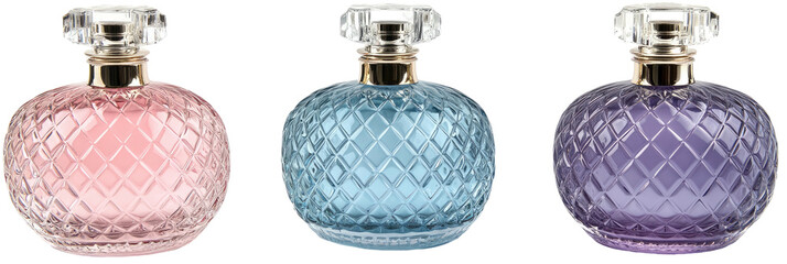 3 faceted glass perfume bottles in pink, blue, and purple