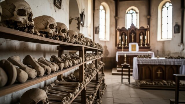 Macabre display human remains in a chapel ossuary with stacks of skulls and bones on wooden shelves