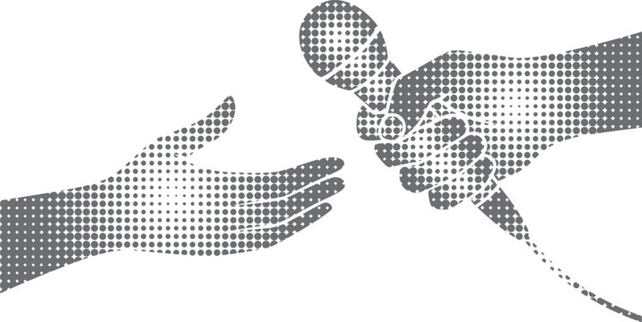 Halftone Hands Passing a Microphone: Symbolizing Communication, Sharing, and Legacy