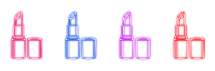 Neon glowing lipstick vector icons set, makeup, beauty, cosmetic, fashion, glamour, female style, vibrant colorful digital outline design on transparent background.