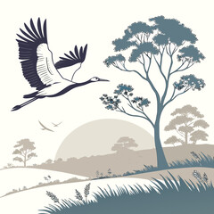 Fototapeta premium Bird flying over tree and grassy hill crane