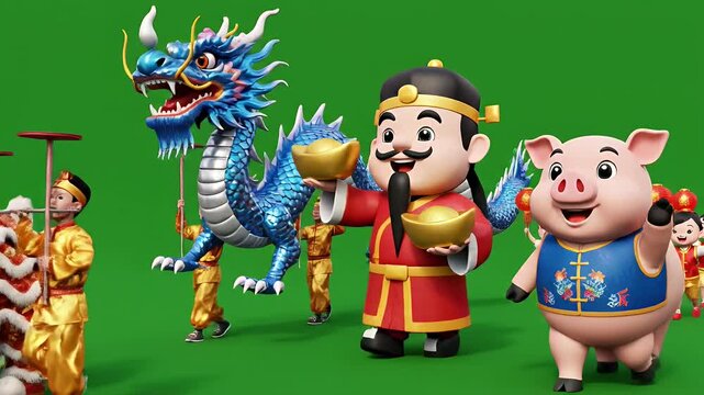 Chinese New Year Celebration Animation - This video features a festive scene celebrating the Chinese New Year with a cartoon dragon, lion dance performers, God of Wealth holding gold ingots and a pig