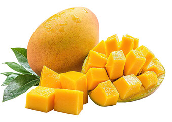 Ripe mango with diced pieces and green leaves