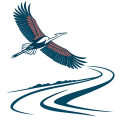 Fototapeta premium Flying crane with outstretched wings over wavy lines