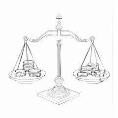 Simple line drawing of a balance scale with coins on both sides.