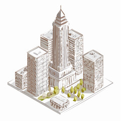 Isometric illustration of a cityscape with a prominent central tower surrounded by smaller buildings and greenery.