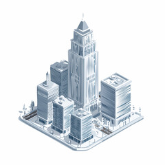 Isometric illustration of a cityscape with modern skyscrapers and buildings.