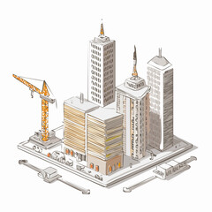 Isometric illustration of urban construction site with cranes and modern buildings.