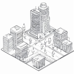 Isometric cityscape with modern office buildings and pedestrians.